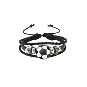 Multilayer braided leather soccer bracelet with glass football charm and adjustable cord