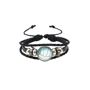Multilayer braided volleyball fan leather bracelet with adjustable black rope and beads