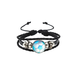 Adjustable multi-layer braided leather bracelet with a soccer glass dome charm