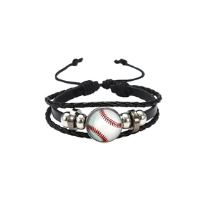 Detailed view of multilayer leather baseball bracelet with a glass dome sports charm