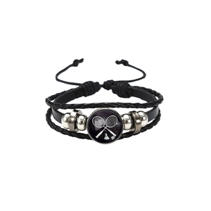 Detail showing the braided leather badminton bracelet with adjustable drawstrings