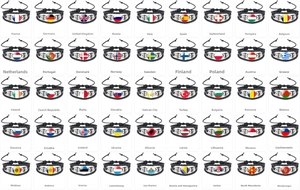 Detailed grid showing black leather braided bracelets with various European flag charms