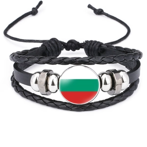 Detail of adjustable black leather bracelet with Bulgarian flag glass charm
