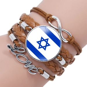Detail of layered leather bracelet with Israel flag glass cabochon and Infinity Love charm