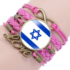 Detail of layered infinity love bracelet featuring the Israel flag glass cabochon