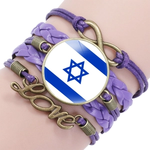 Detail of purple multilayer bracelet with Israel flag glass cabochon and love charm