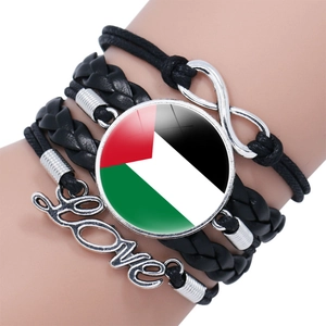 Palestine Flag Multi-layer Braided Bracelet Alloy Infinity Love Charm Faux Leather Glass Cabochon Bohemian Jewelry