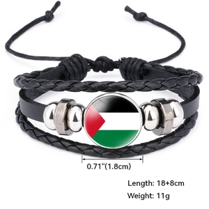 Black leather Palestine flag bracelet with woven cords and adjustable drawstring closure