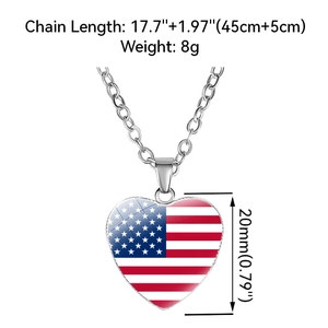 USA flag heart necklace in stainless steel with 45cm chain and 20mm pendant dimensions