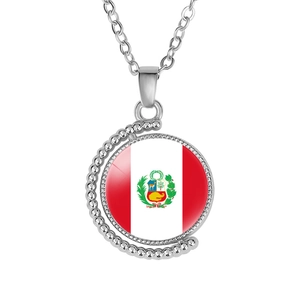 Silver alloy moon pendant necklace featuring Peru flag design on rotatable glass gem