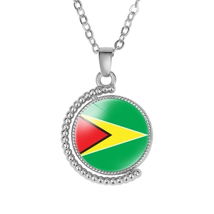 Rotating Guyana flag moon pendant necklace with polished silver finish and metal chain