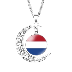 Silver crescent moon necklace featuring a Dutch flag glass cabochon with filigree