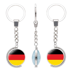 Rotating keychain with German flag glass gem pendant in silver metal finish