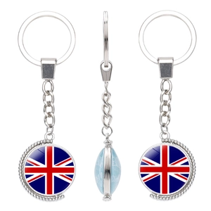 Rotating keychain featuring Union Jack flag and engraved London text on silver metal band