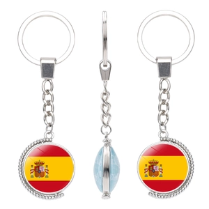 Rotating metal keychain featuring the Spanish flag design with a silver finish