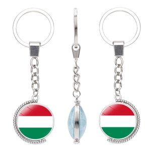 Detailed views of a rotating metal keychain featuring the Hungary flag design
