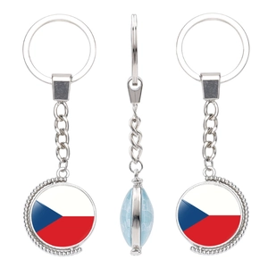 Rotating metal keychain with Czech Republic flag gemstone pendant in 3-view display