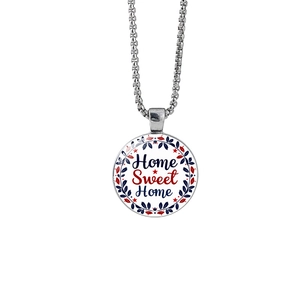 Silver round pendant necklace with Home Sweet Home text and floral wreath on box chain