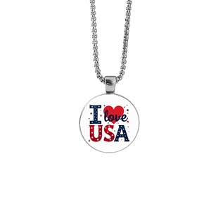 Detailed view of silver moon necklace pendant featuring I Love USA eagle and flag motif