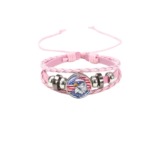 Bracelet rose en cuir tressé avec pendentif en verre aigle et drapeau américain