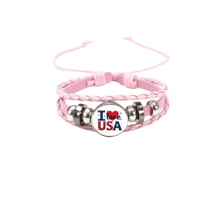 Bracelet tressé en cuir rose avec breloque drapeau I Love USA et cordon ajustable