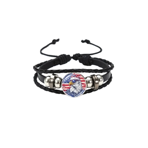 Bracelet multicouche en cuir tressé avec motif aigle drapeau américain ajustable
