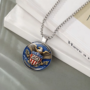Silver round moon pendant necklace featuring US flag eagle shield on a box chain