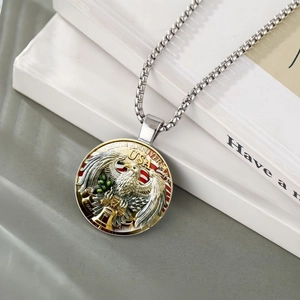 Macro shot of silver patriotic pendant featuring a 3D eagle and USA 250th anniversary text