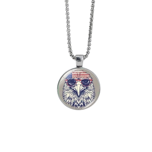 Silver crescent moon necklace featuring a bald eagle pendant with American flag sunglasses