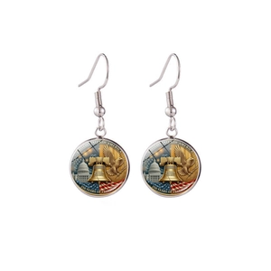 Silver USA 250th anniversary earrings with Liberty Bell and eagle glass pendant