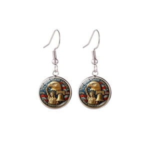 Detail of USA 250th anniversary earrings with Liberty Bell and eagle on silver hooks