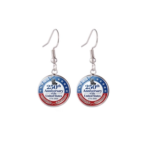Detail of USA 250th Anniversary drop earrings with Liberty Bell and 1776-2026 text