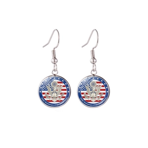 Detail of USA 250th Anniversary glass earrings with eagle and Liberty Bell flag design