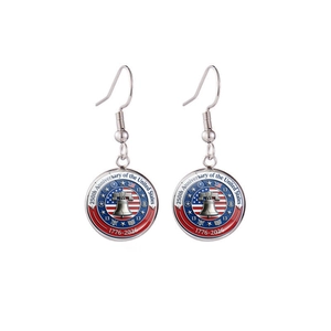 Detailed close-up of US 250th Anniversary Liberty Bell earrings with flag pattern