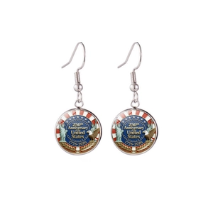 Detail view of USA 250th anniversary earrings with Liberty Bell and Eagle motifs