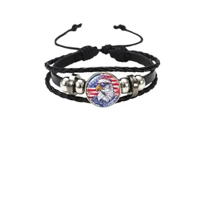 Bracelet en cuir tressé patriotique avec drapeau américain et breloque aigle