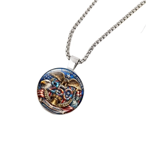 Silver USA 250th anniversary necklace featuring eagle, flag and Liberty Bell pendant