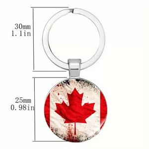 Silver metal keychain with Canada flag maple leaf pendant and 30mm ring accessory