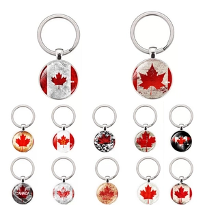 12-piece Canada maple leaf flag glass dome keychains with vintage metal keyring designs