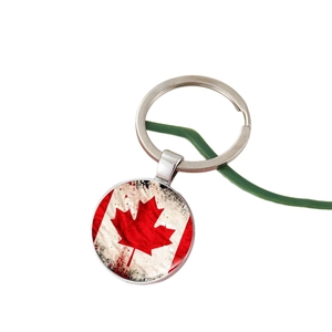 Vintage style Canada flag maple leaf glass cabochon keychain with silver metal ring