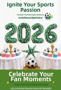 Green 2026 soccer themed foil number balloons with black and white football patterns
