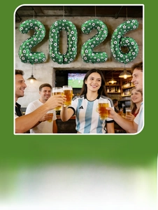 Detailed view of 2026 soccer themed green number balloons with realistic football pattern
