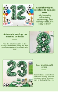 Detail of soccer themed foil balloon numbers with automatic sealing and high quality printing