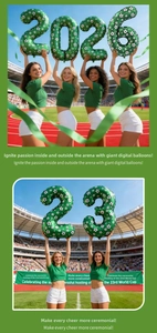Macro detail of 40-inch green football theme number balloons for 2026 soccer party decor