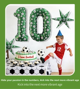 Soccer theme 10th birthday party set with number 10 balloon and football decor
