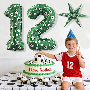 Soccer theme party set with green number balloons and star foil balloon for fan decor