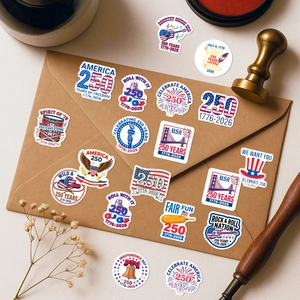 Detail of USA 250th Anniversary stickers with flag elements on a vintage envelope