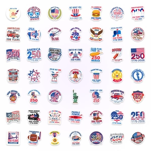 Macro view of 50 USA 250th anniversary stickers featuring flags and eagle designs