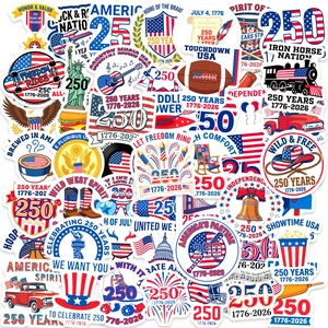 Detailed view of assorted waterproof stickers featuring US 250th anniversary patriotic icons