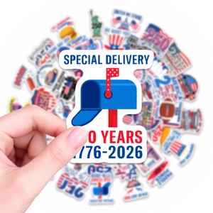 Close-up of waterproof US 250th anniversary stickers with vibrant American symbols